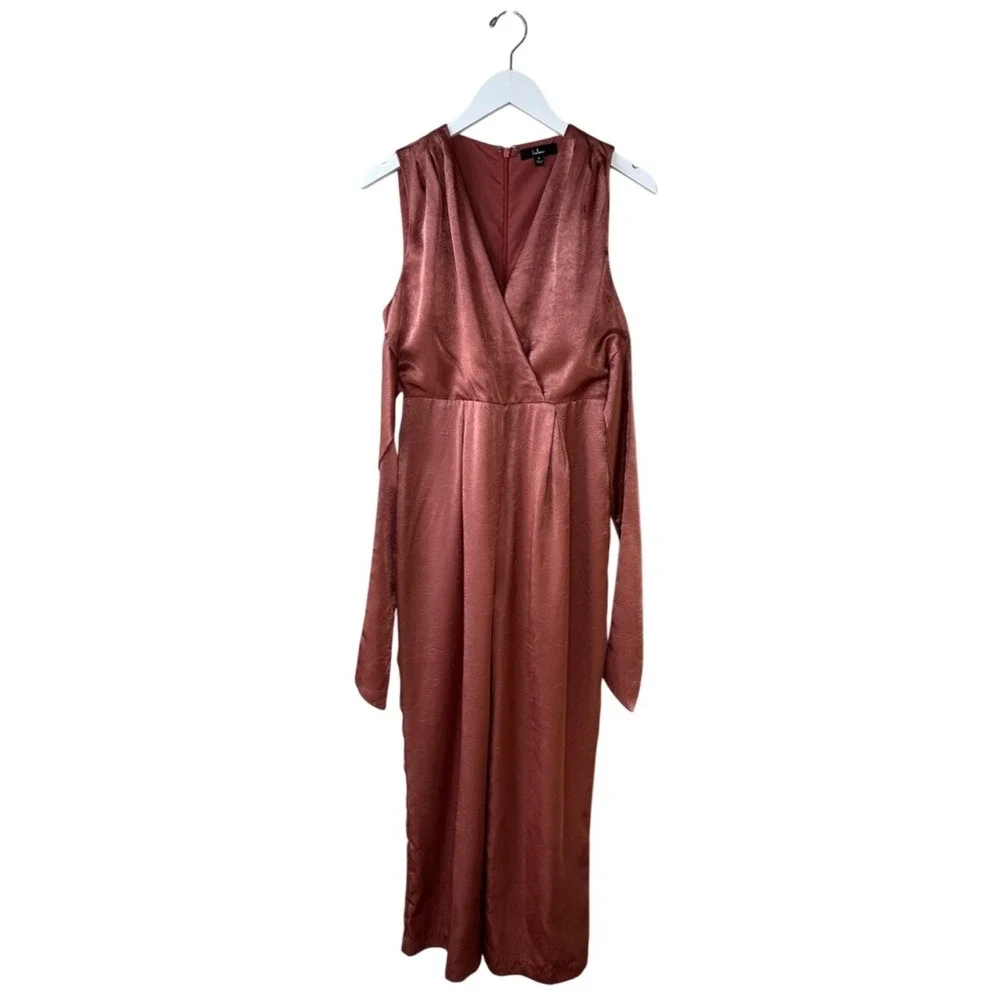 Lulus Rusty Rose Crinkle Satin Tie Front Jumpsuit‎ Size Medium Fully Lined
